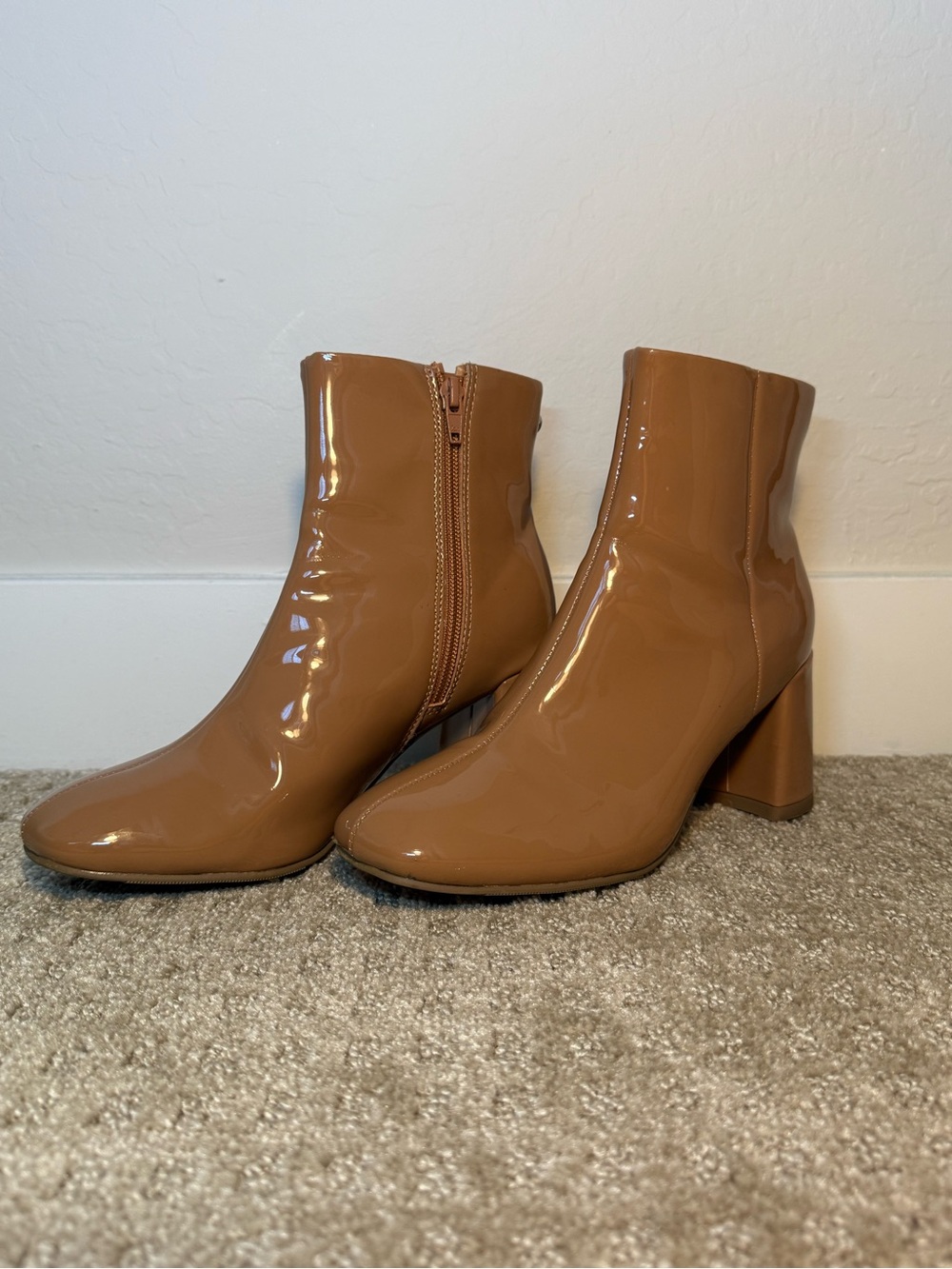 Glossy Tan Patent Block-Heel Ankle Booties